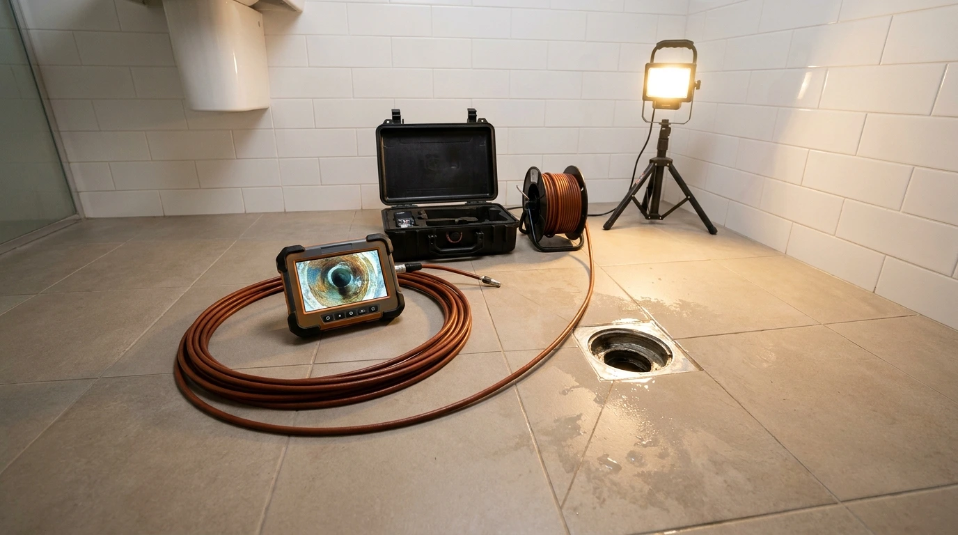 Rörinspektionskamera med kabel och monitor vid golvbrunn i badrum.