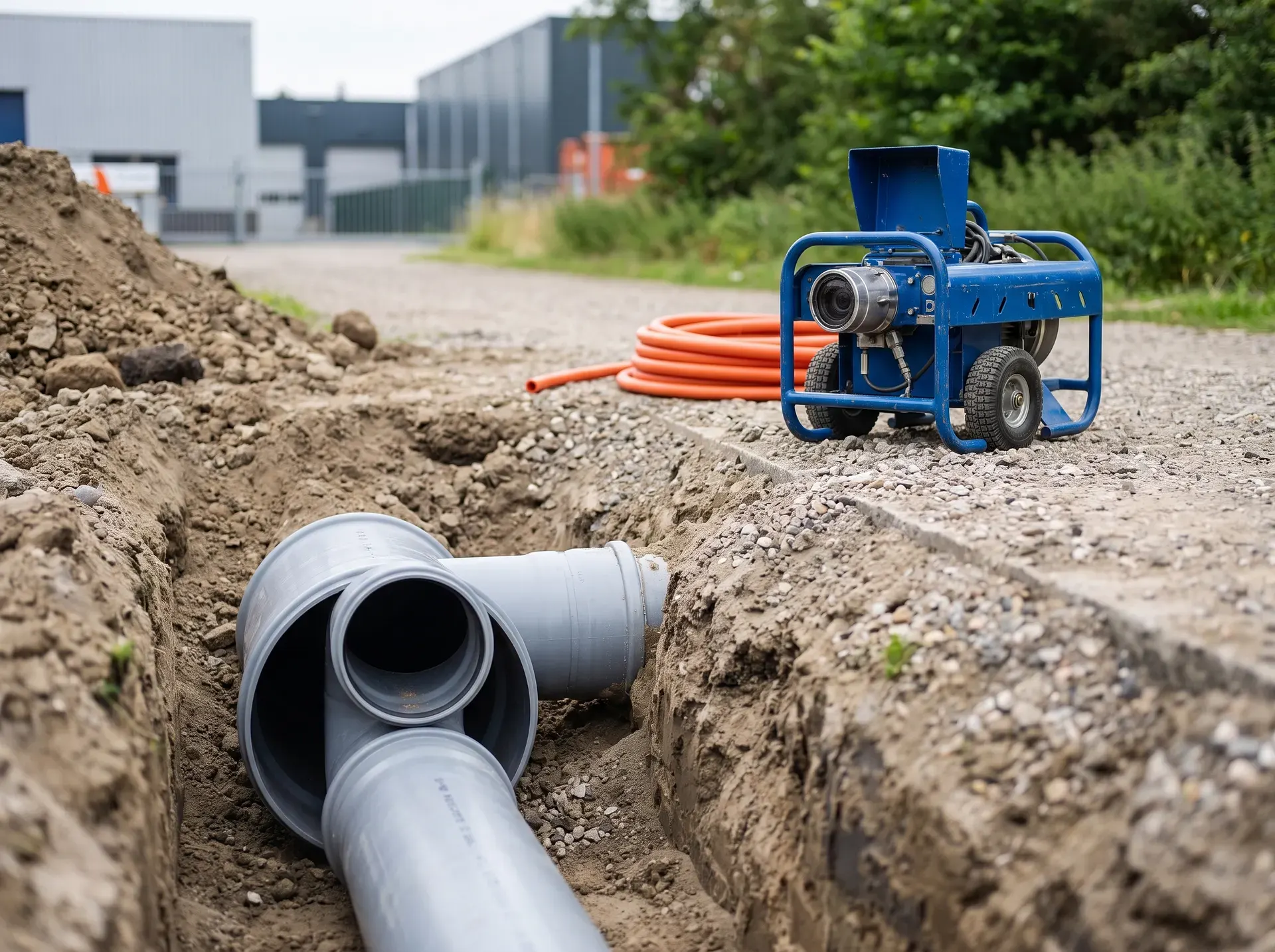 Grävd dike med PVC-rör och blå rörinspektionskamera på marken.