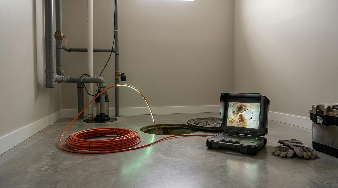 Rörinspektionskamera med monitor visar insidan av ett avloppsrör i källare.